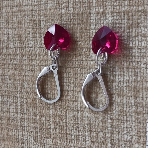 Leverback Silver Red Heart Crystal Earrings - Picture 1 of 5